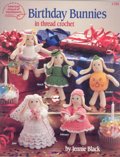 (image for) Birthday Bunnies in thread crochet